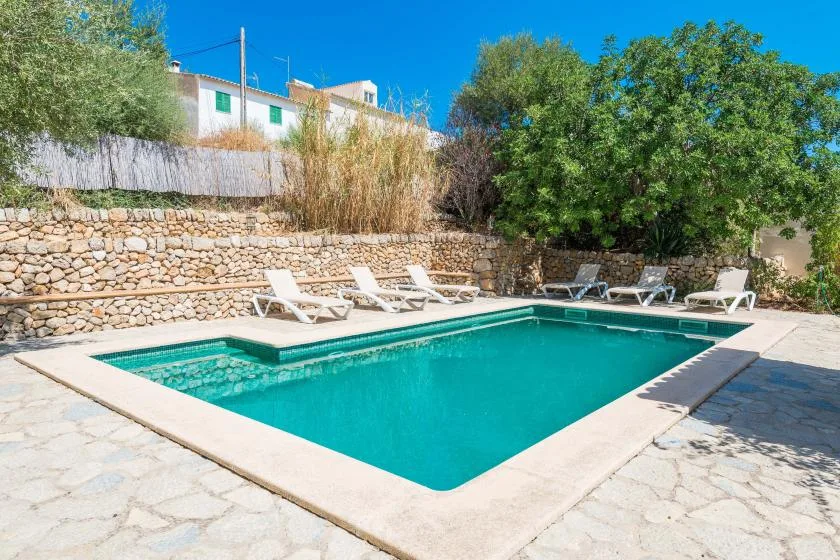 An outdoor swimming pool sits among stone paving, lounge seating, and greenery.