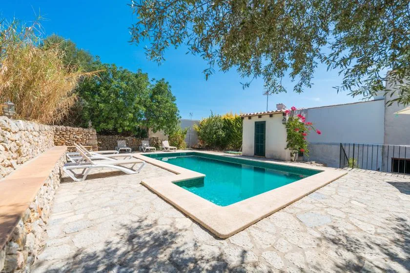 An outdoor swimming pool sits beside a stone-paved patio with lounge seating.