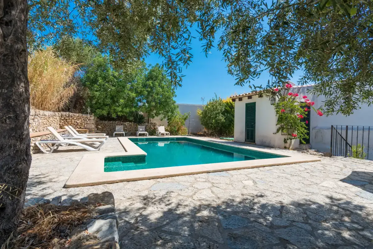 An outdoor swimming pool sits beside a paved patio with lounge seating.