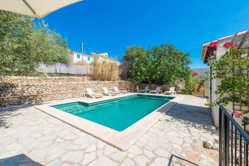 An outdoor swimming pool sits in a sunlit stone-paved courtyard.