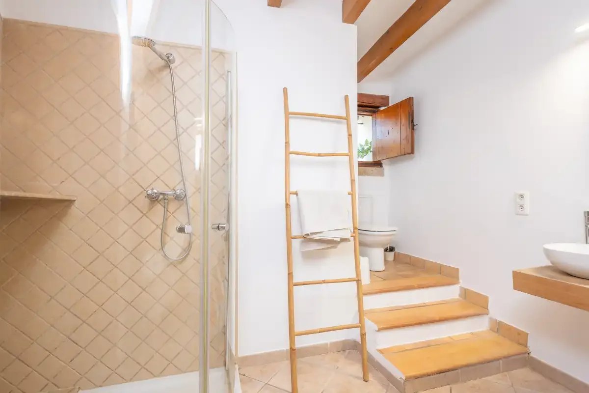 A bathroom with a glass shower and wooden steps leading to a raised sink area.
