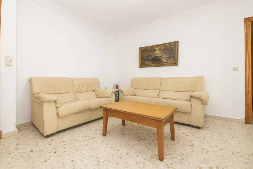 A living room with two sofas arranged around a wooden coffee table.