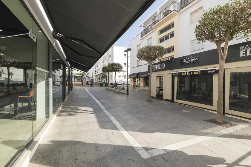 A paved pedestrian street with storefronts, trees, and dark awnings.