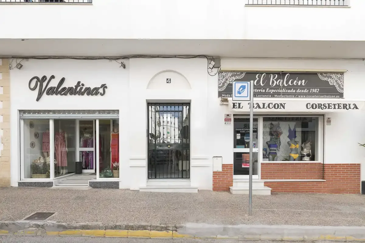 Street-level view of two storefronts with display windows and a central doorway.
