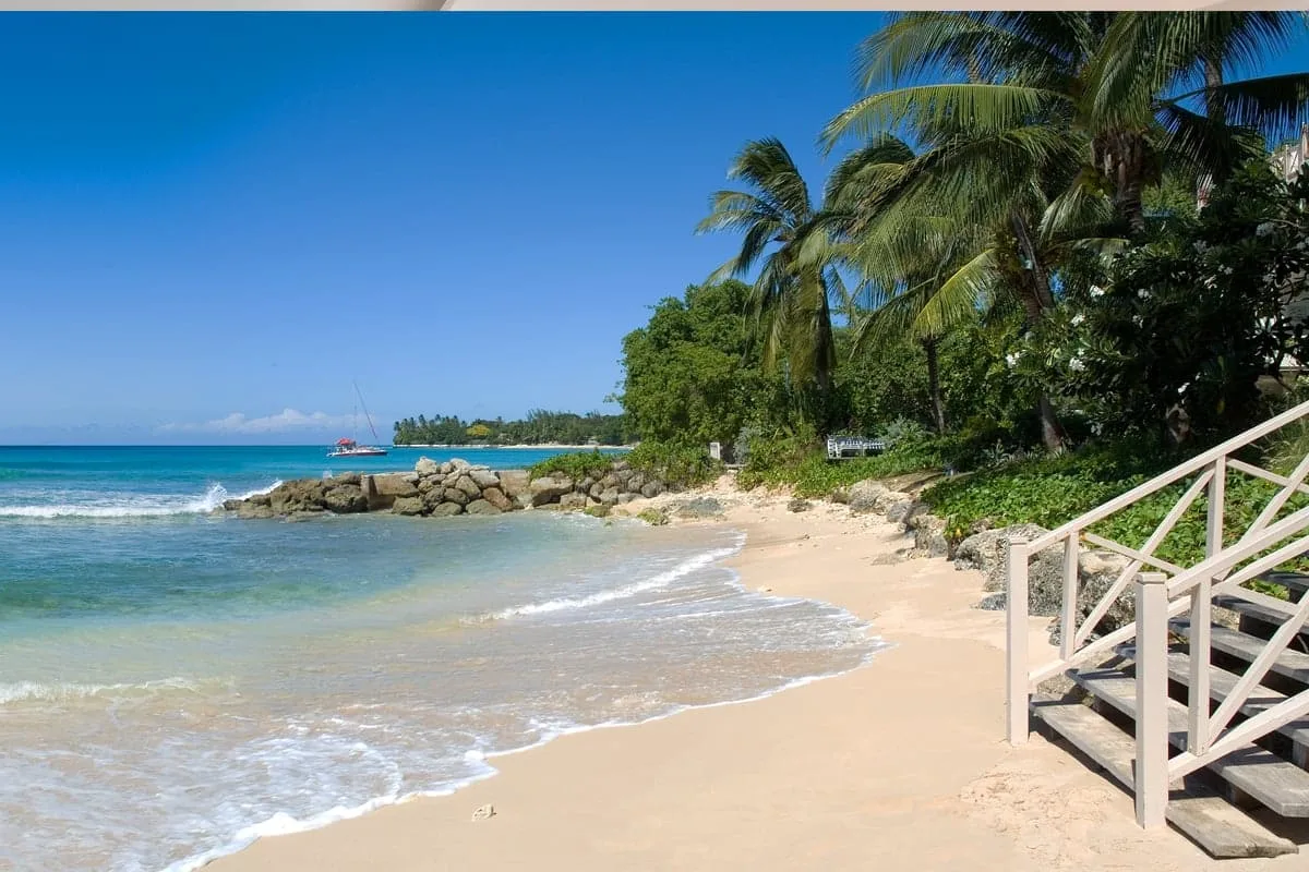 A sandy beach meets clear water beside palm trees and a wooden walkway.