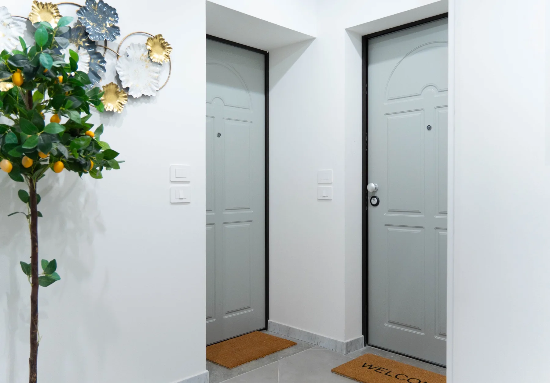 An entryway with a gray door and a potted citrus tree.