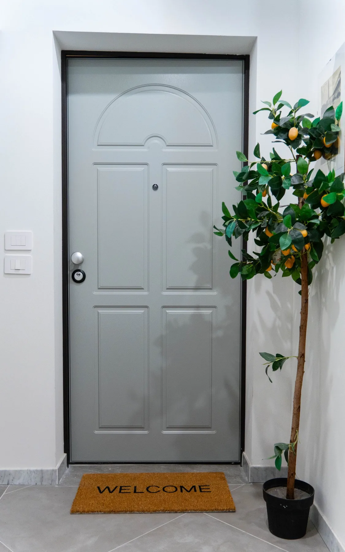 A gray entry door stands beside a potted citrus tree and a welcome mat.