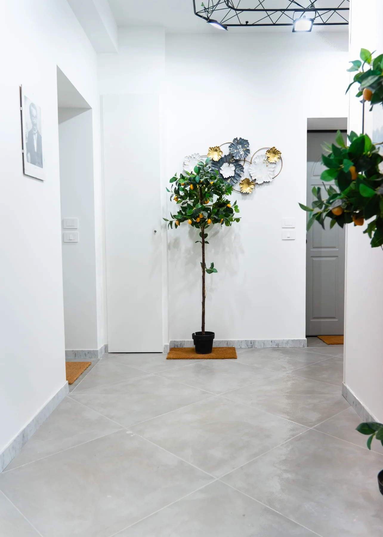 A bright white hallway with a potted plant and decorative wall mirrors.