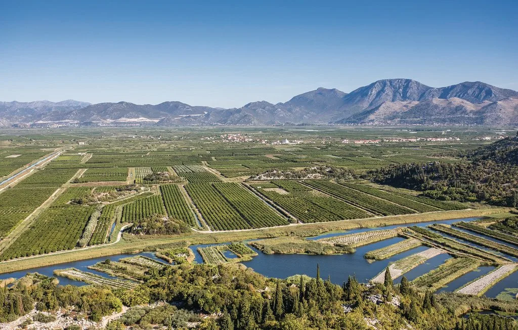 Vista aérea de campos agrícolas y estanques, con montañas a lo lejos.