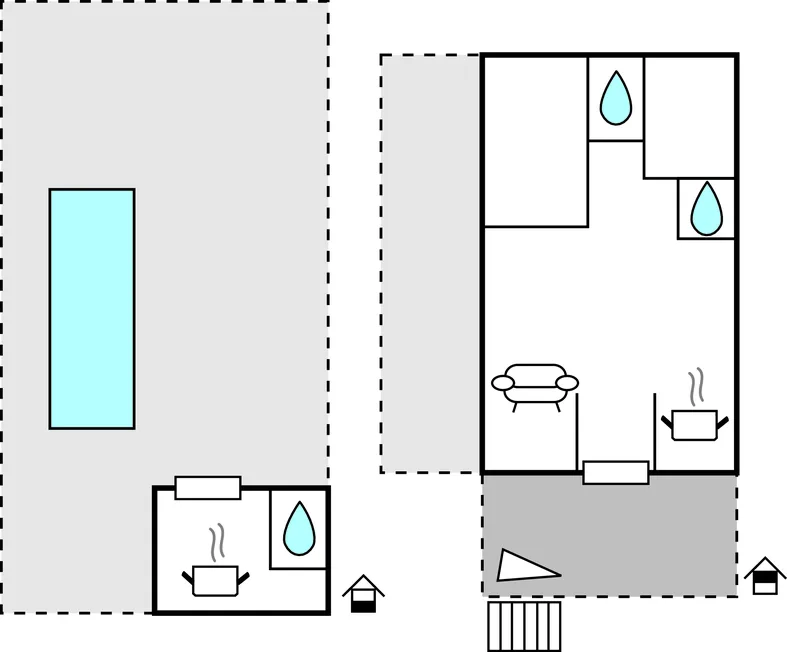 Un plano sencillo muestra una habitación principal, espacios contiguos pequeños y accesorios.