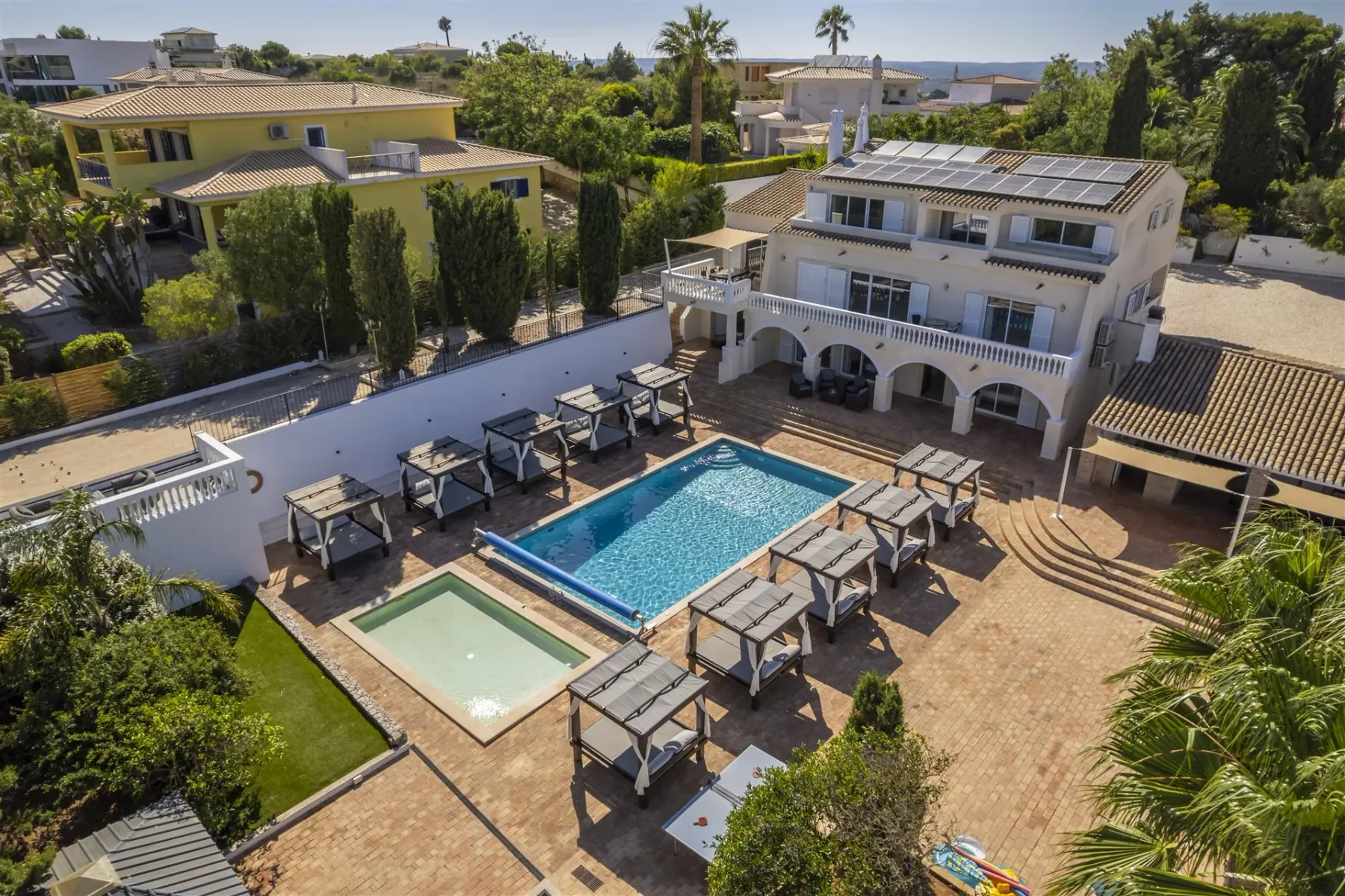 Aerial view of Villa Lux Luz, pool and gardens