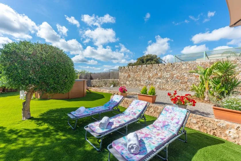 A sunny garden patio with reclining loungers, potted plants, and a stone wall.