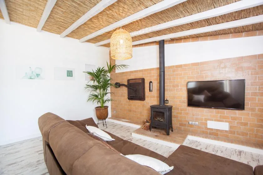 A living room with seating, a television, and a wood-burning stove.