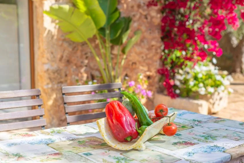 A garden patio table holds fresh vegetables beside leafy plants and flowering vines.