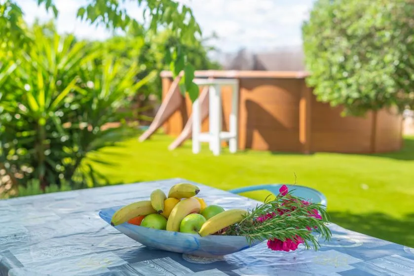 A fruit bowl rests on an outdoor table in a leafy garden.