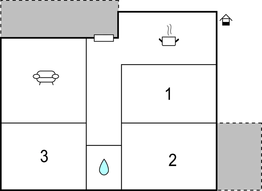 Un plano sencillo muestra tres habitaciones numeradas y una pequeña zona de baño.