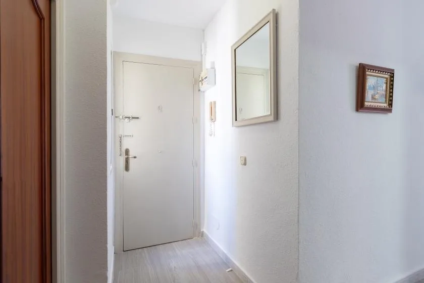 A narrow hallway with a closed door, wall mirror, and framed picture.