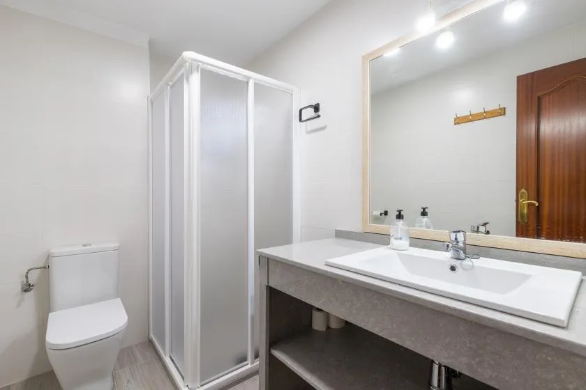 A bright bathroom with a shower, toilet, and a wide sink counter.