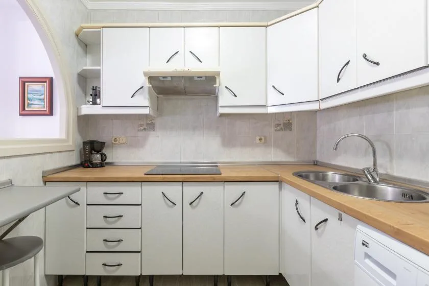 A bright kitchen with white cabinets, wooden countertops, and a double-basin sink.