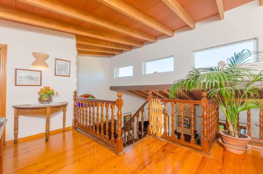 A bright wooden staircase landing with polished railings and a potted palm.
