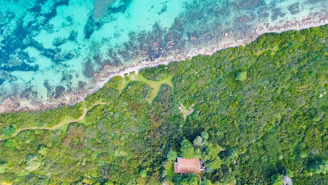 Una vista aérea muestra una pequeña construcción entre vegetación densa junto a una costa turquesa.
