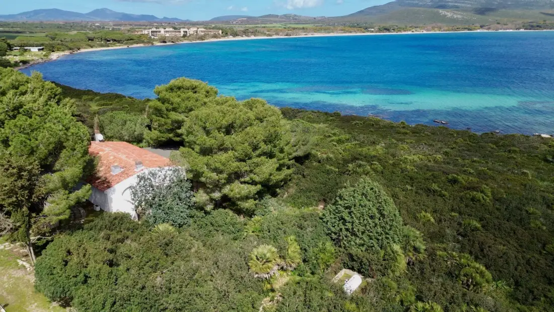 Vista aérea de una bahía turquesa junto a una costa arenosa y vegetación densa.