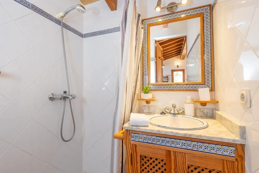 Un baño alicatado con una ducha junto a un lavabo y un gran espejo enmarcado.
