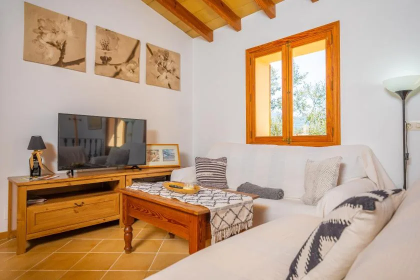 Una luminosa sala de estar con asientos, una mesa de centro de madera y un televisor.
