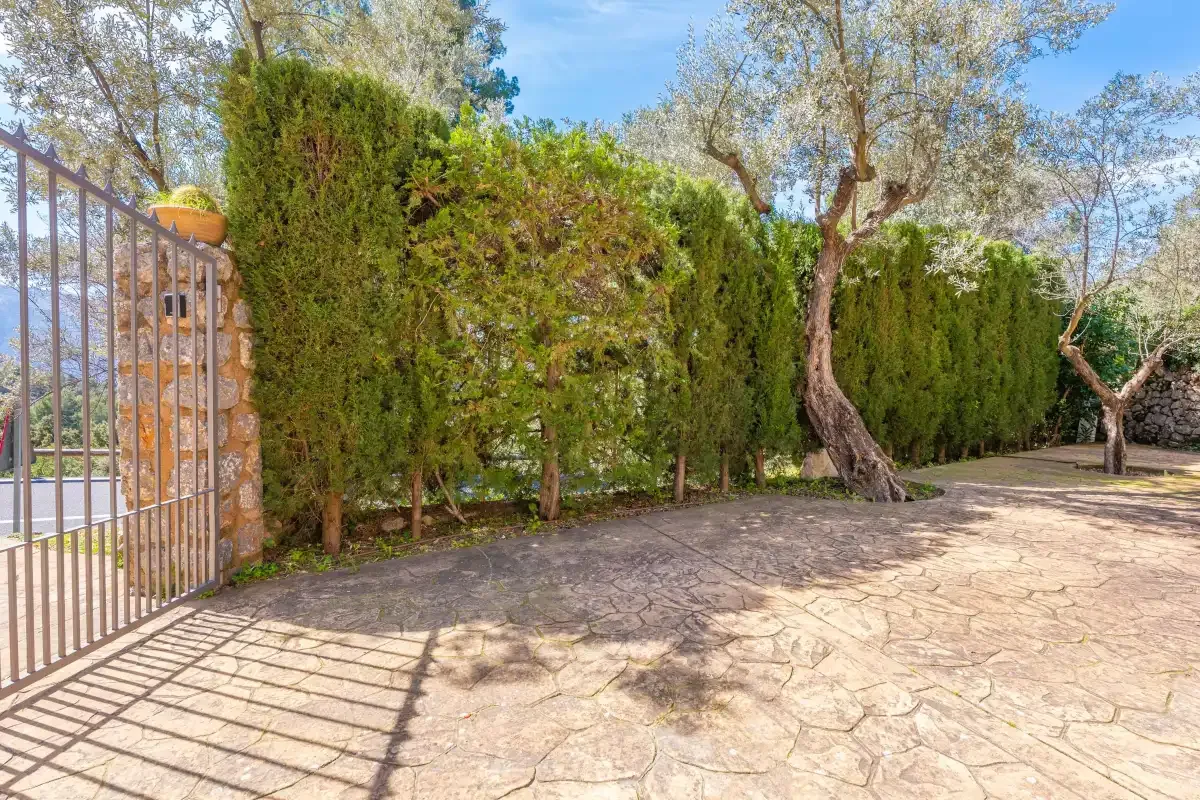 Un patio exterior pavimentado, rodeado de una verja, setos y árboles.