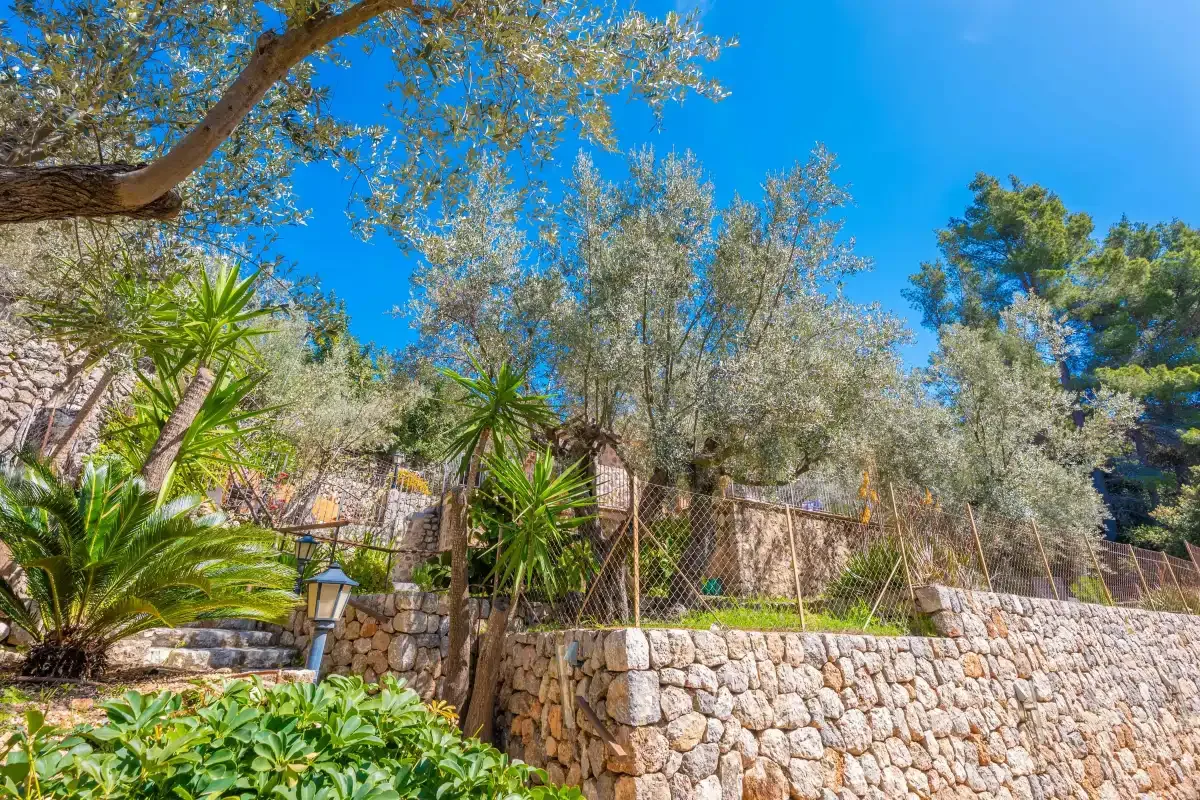 Un jardín ajardinado con muros de piedra y árboles bajo un cielo azul despejado.