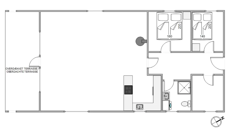 Un plano muestra una amplia terraza junto a habitaciones con camas y elementos de baño.