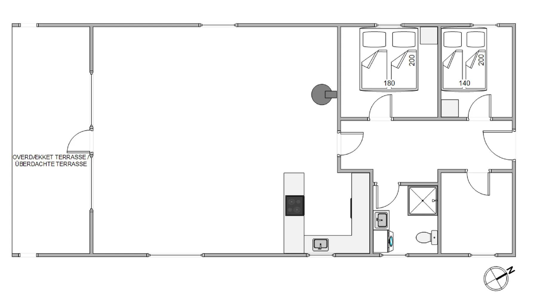 Plano de planta con una zona de estar abierta, cocina, dos dormitorios y baño.