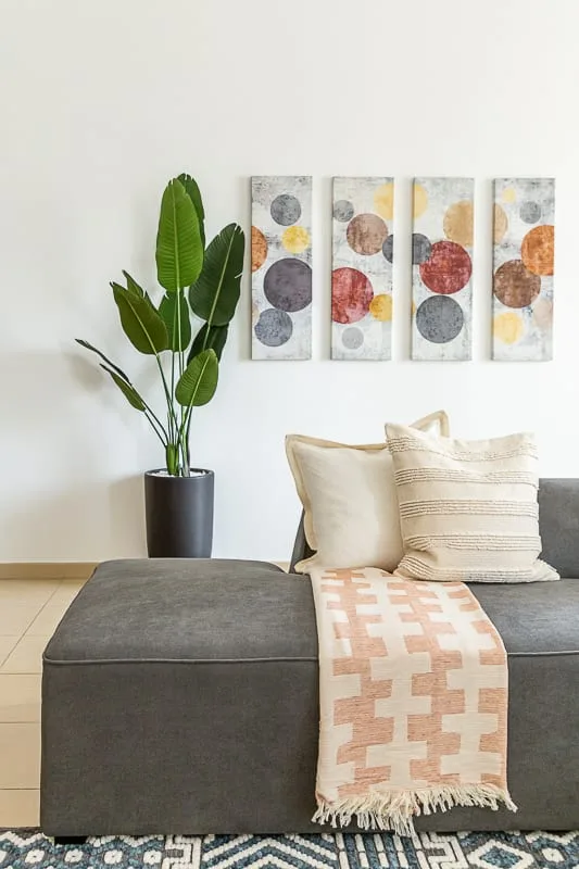 A living room seating area with a gray sofa, patterned throw, and framed abstract art.