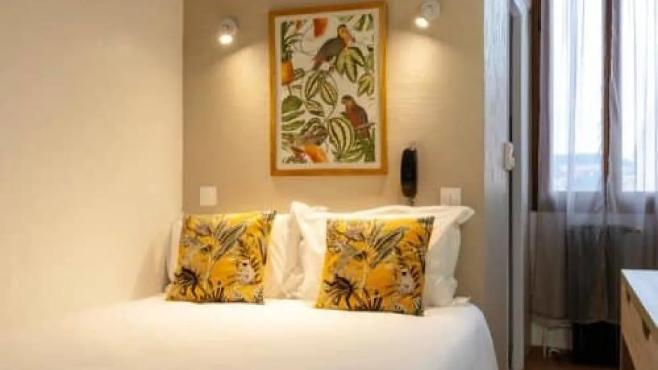 Bright room with colorful decor.