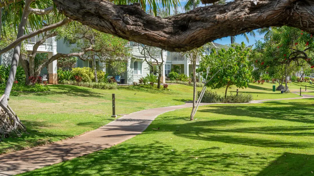 A landscaped garden with a winding path, trees, and buildings in the background.