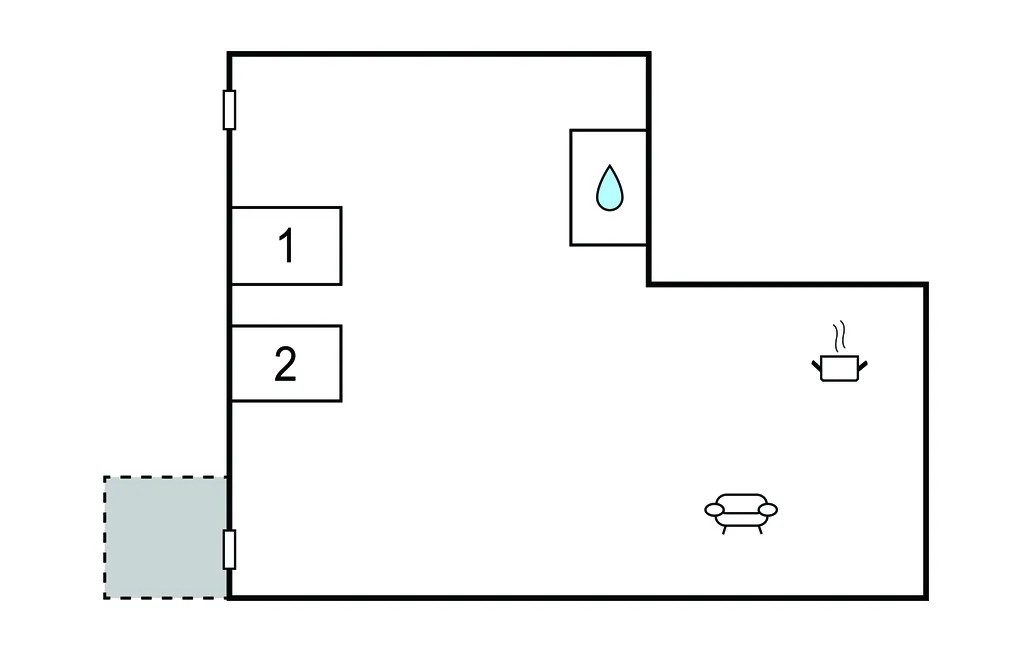 A simple floor plan shows a seating area, a table, and a water symbol.