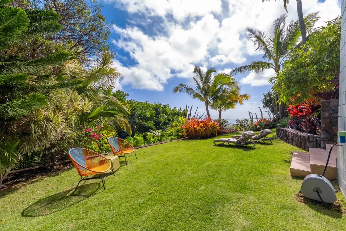 A landscaped garden lawn with outdoor seating, palm trees, and tropical plants.