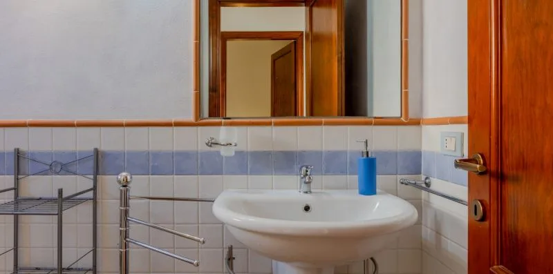 Un lavabo y un espejo están frente a una pared alicatada, junto a una puerta de madera.