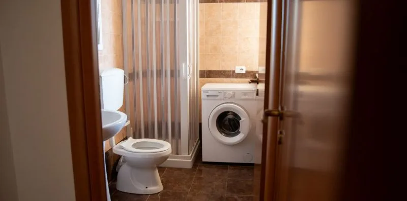 Un baño con lavadora, inodoro y ducha.