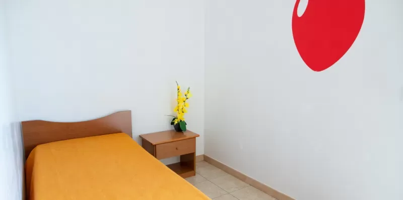 Un dormitorio con una cama cubierta con ropa de cama naranja y un arreglo de flores amarillas.