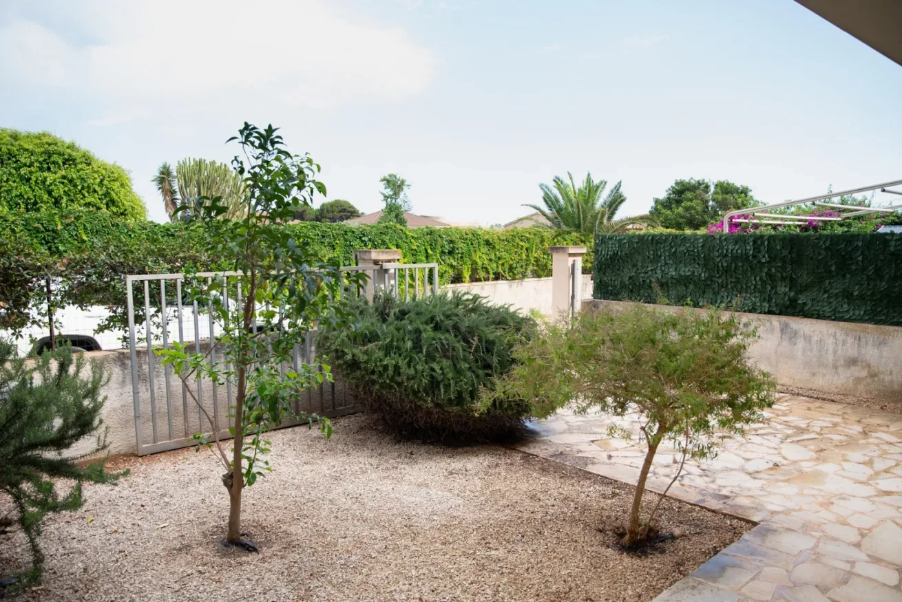 Un jardín con caminos de grava, arbustos y árboles pequeños.