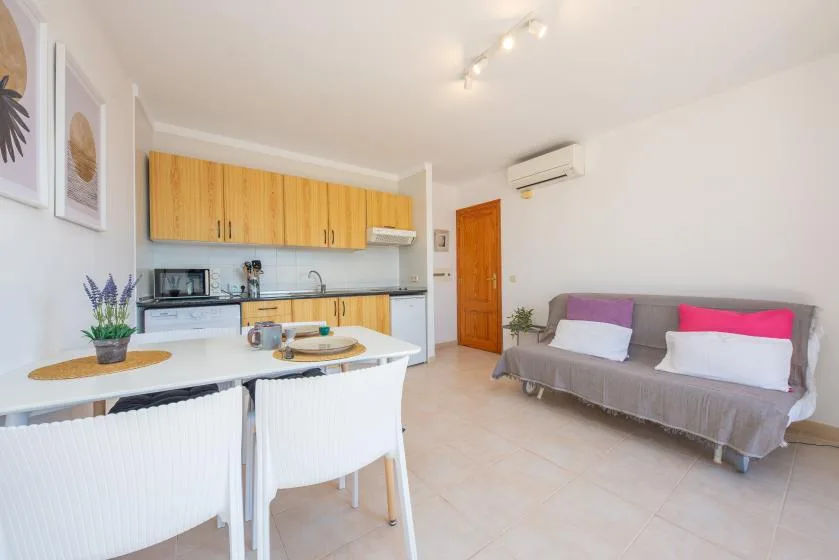 A bright open-plan room with a compact kitchen and a seating area.