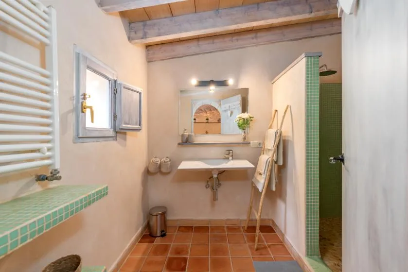 A bathroom with a sink, mirror, and tiled shower area.