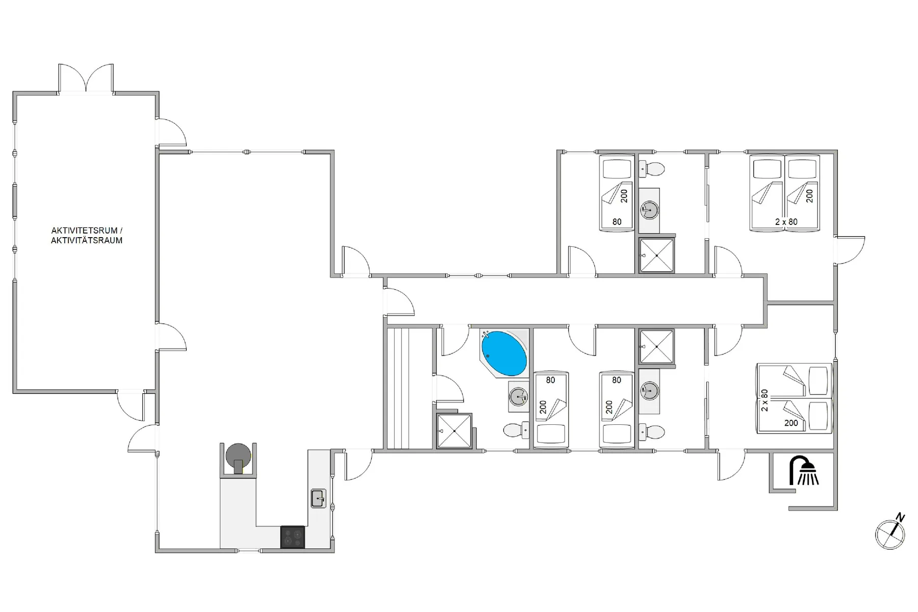 Un plano muestra varias habitaciones y baños dispuestos a lo largo de un pasillo central.