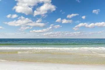 A beach with gentle waves beneath a partly cloudy sky.