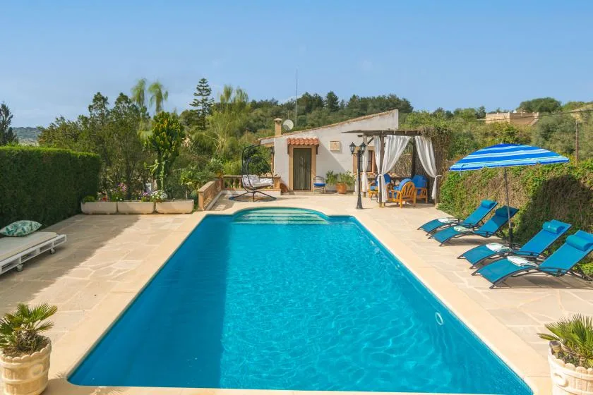 An outdoor swimming pool is surrounded by lounge seating and a shaded patio.