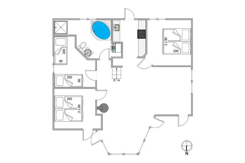 Floor plan showing several sleeping areas, a bathroom, and a central open space.
