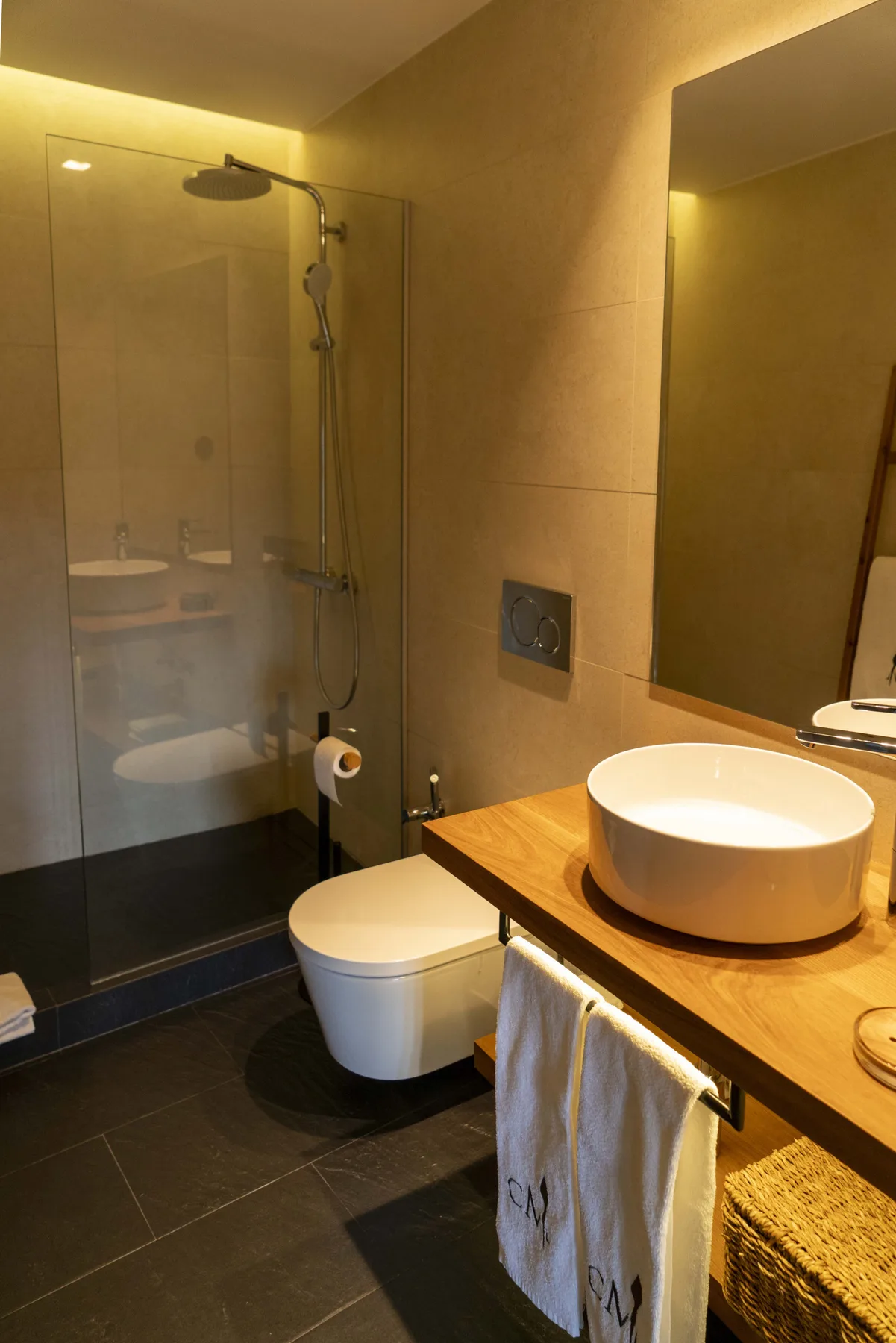 Un baño moderno con ducha de vidrio, inodoro y lavabo sobre encimera.