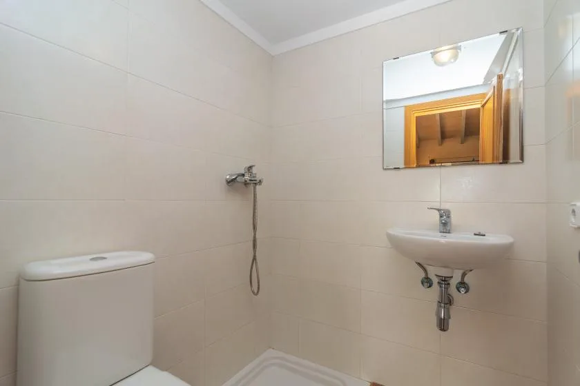 A tiled bathroom with a shower, sink, and mirror.