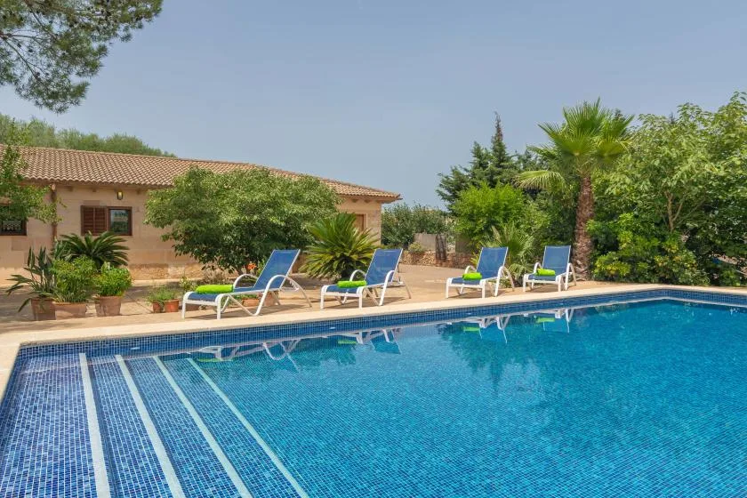 An outdoor swimming pool with blue loungers beside a garden and low building.